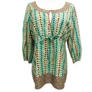 Rafaella Form & Function Tunic Top Geometric Drawstring Waist Green Tan Medium